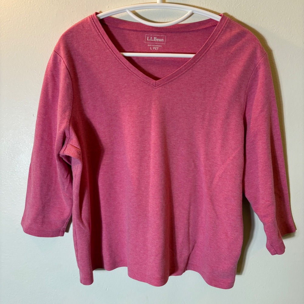 L.L. Bean Pink V-Neck 3/4 Sleeve 100% Cotton Knit Tee Size Large Petite
